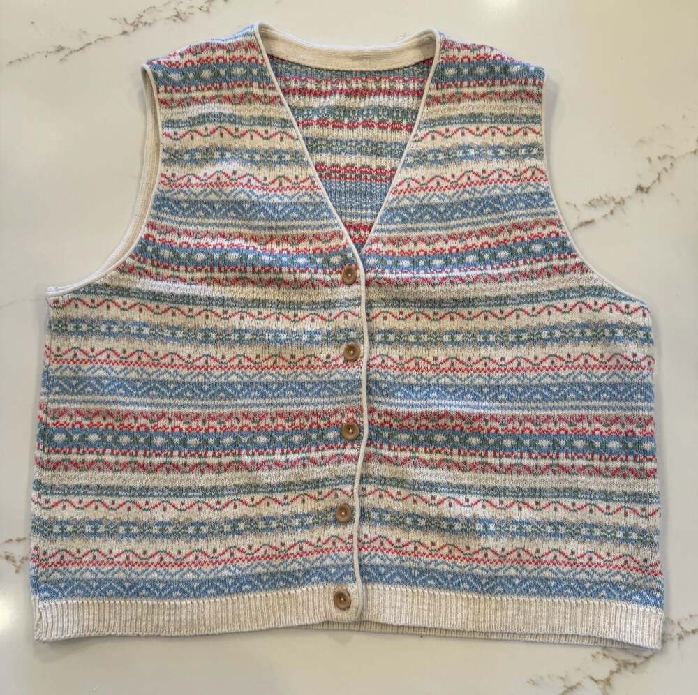 Vintage Fair Isle Sweater Vest Wool Blend Button Front Nordic Grandpa Chic